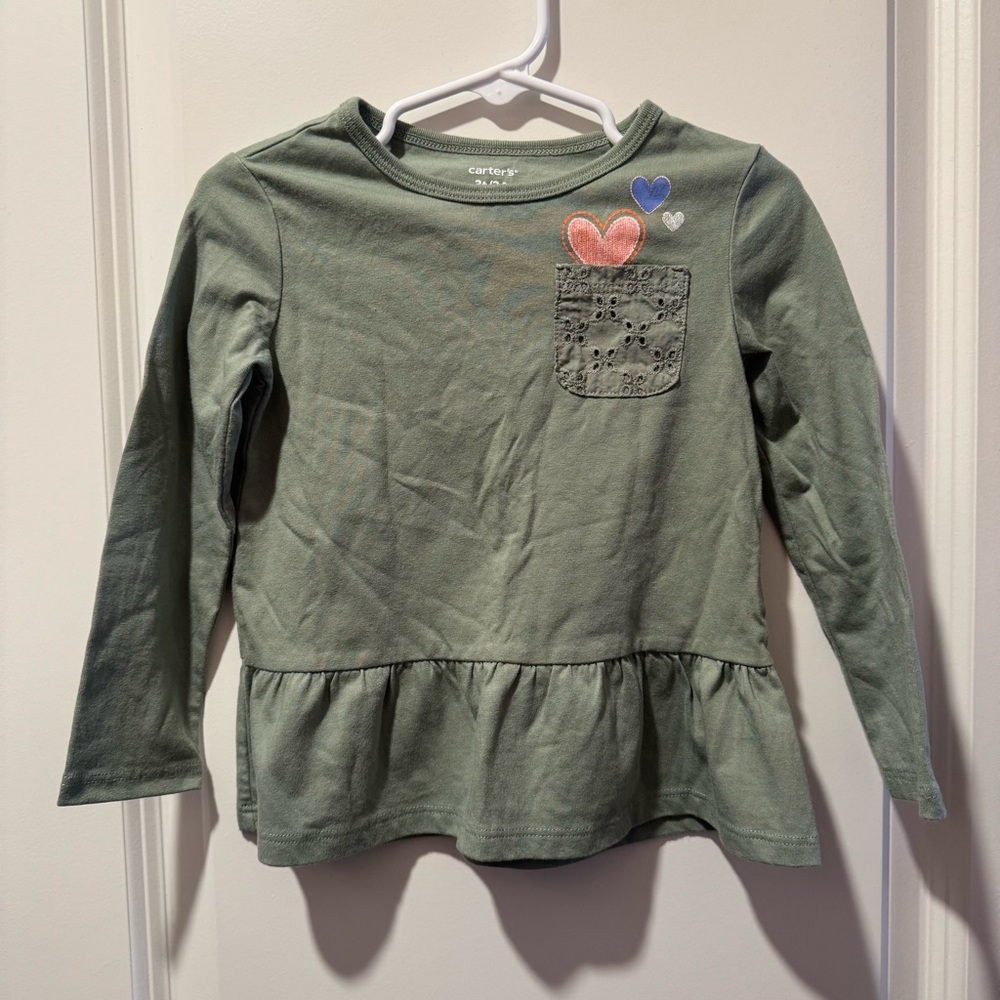 Carter's Green Long Sleeve Top with Pocket and Heart Details